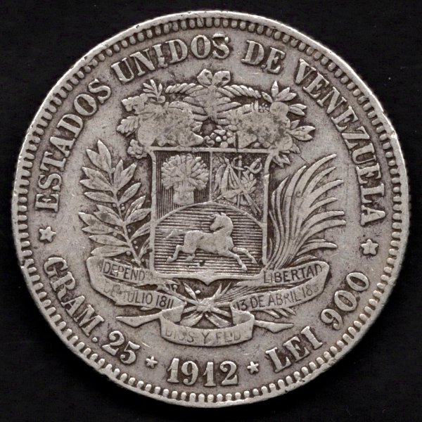 1912 5 Bolívar Libertador Ag, Ag.900 25g 37,2mm 
