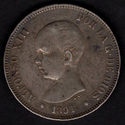 1891 5 Pesetas PG-M Alfonso XIII..,  Ag, Ag.900 25g 37mm 
