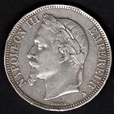 1868 5 Franků A Napoleon III. Ag,Ag.900 25g 37mm Paříž hranka
