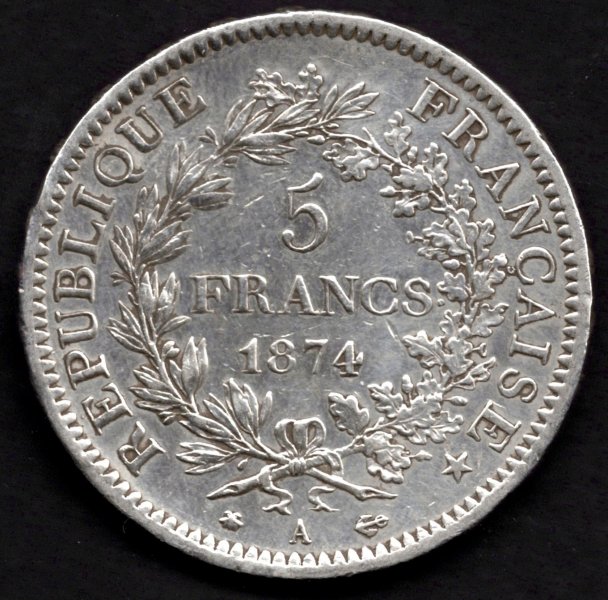 1874 5 Franků A III.republika Ag, Ag.900 25g 37mm Paříž

