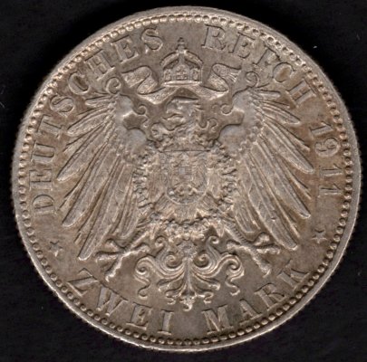 1911 2 marka D Luitpold Bavorsko 90té narozeniny Ag, Ag.900 11,111g 28mm raženo Mnichov J48
