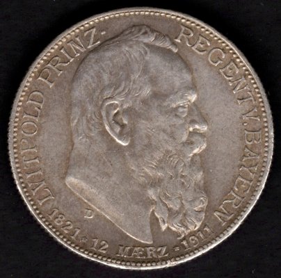 1911 2 marka D Luitpold Bavorsko 90té narozeniny Ag, Ag.900 11,111g 28mm raženo Mnichov J48
