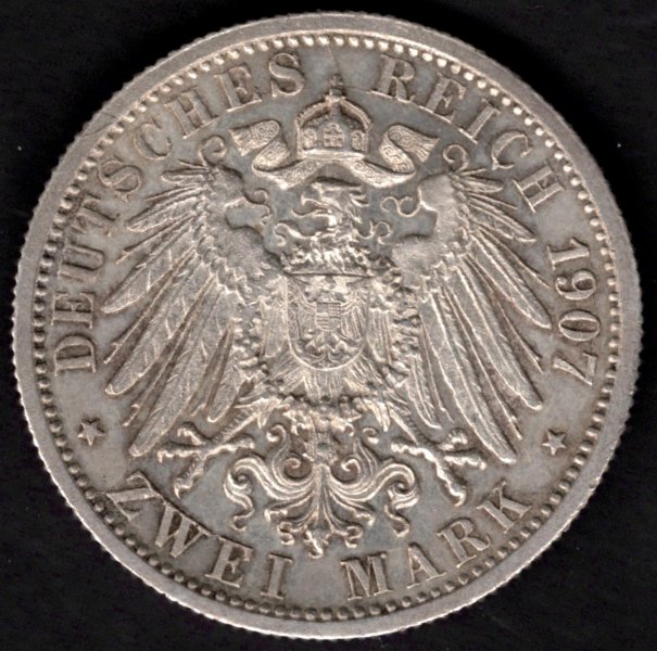 1907 2 marka F Wuerttemberg Ag, Ag.900 11.111g 27,82 raženo Stuttfart J174
