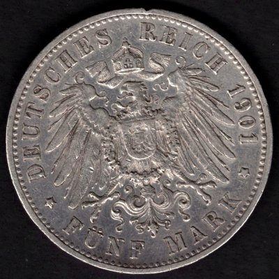 1901 5 marka G Fridrich von Baden Ag, Ag.900 27,77g 38mm G Karlsruhe
