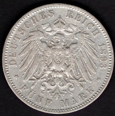 1893 5 marka E Sasko Albert Ag, Ag.900 27,77g 38mm E Muldenhütten
