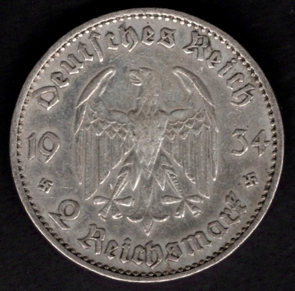 1934 2 marka E 21.3.1933 Potsdam posádkový kostel Ag, Ag.625 8g 25mm E Muldenhütten
