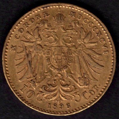 1896 10 koruna rakouská FJI. Au, Au.900 3,38g 19mm raženo Vídeň
