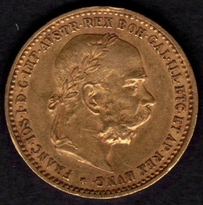 1896 10 koruna rakouská FJI. Au, Au.900 3,38g 19mm raženo Vídeň
