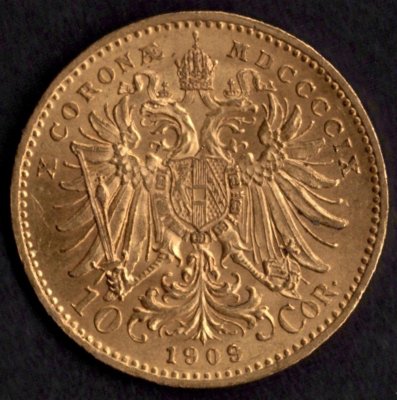 1909 10 koruna rakouská FJI. Typ Marschall Au, Au.900 3,39g 19mm raženo Vídeň
