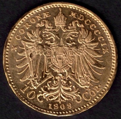 1909 10 koruna rakouská FJI. Typ Schwartz Au, Au.900 3,38g 19mm raženo Vídeň
