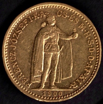 1900 10 koruna K.B. Uherská FJI. Au, Au.900 3,38g 19mm raženo Kremnica
