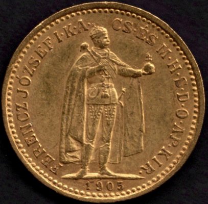 1905 10 koruna K.B. Uherská FJI. Au, Au.900 3,38g 19mm raženo Kremnica
