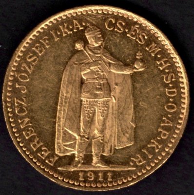 1911 10 koruna K.B. Uherská FJI. Au, Au.900 3,38g 19mm raženo Kremnica
