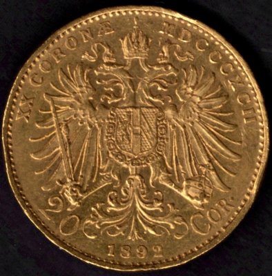 1892 20 koruna rakouská FJI. Au, Au.900 6,78g 21mm raženo Vídeň
