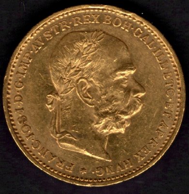 1892 20 koruna rakouská FJI. Au, Au.900 6,78g 21mm raženo Vídeň
