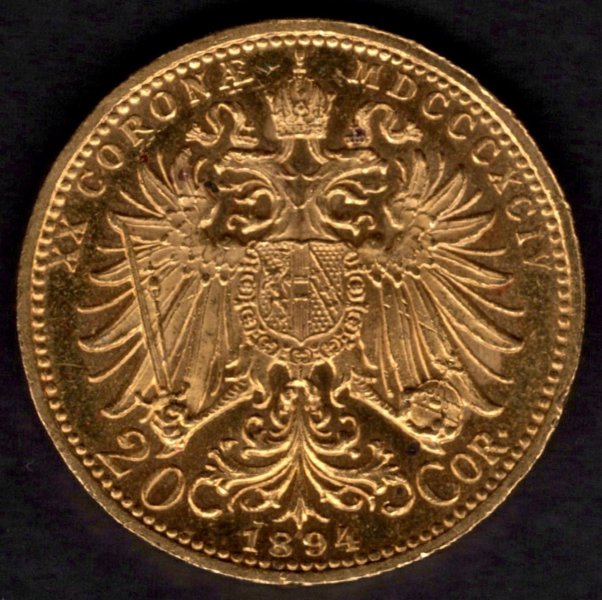 1894 20 koruna rakouská FJI. Au, Au.900 6,78g 21mm raženo Vídeň
