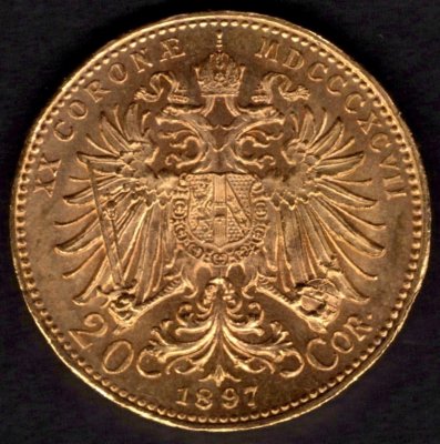 1897 20 koruna rakouská FJI. Au, Au.900 6,78g 21mm raženo Vídeň
