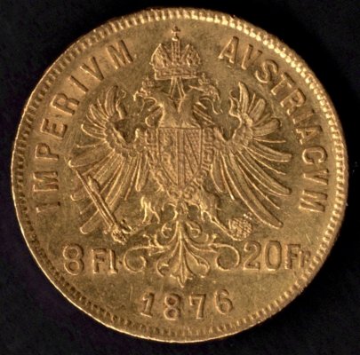 1876 8zlatník/20franc rakouský FJI. Au, Au.900 6,45g 21mm raženo Vídeň
