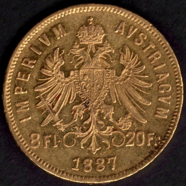 1887 8zlatník/20franc rakouský FJI. Au	,  Au.900 6,45g 21mm raženo Vídeň
