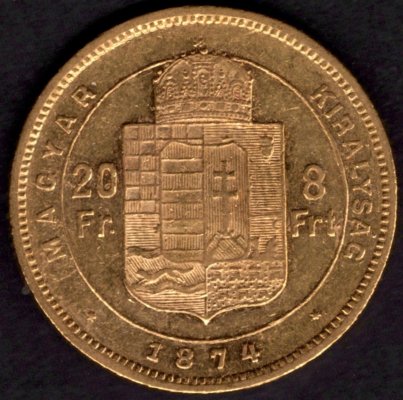 1874 8forint/20franc K.B. Uherský FJI. Au, Au.900 6,45g 21mm raženo Kremnica
