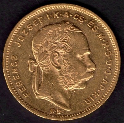 1874 8forint/20franc K.B. Uherský FJI. Au, Au.900 6,45g 21mm raženo Kremnica
