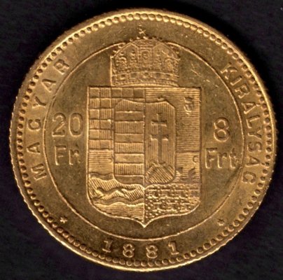 1881 8forint/20franc K.B. Uherský FJI. Au, Au.900 6,45g 21mm raženo Kremnica
