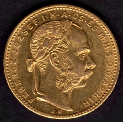 1881 8forint/20franc K.B. Uherský FJI. Au, Au.900 6,45g 21mm raženo Kremnica
