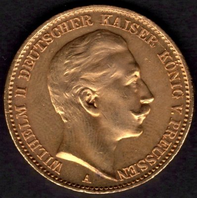 1911 20 marka A Vilém II. Prusko Au, Au.900 7,96 22,5mm J252 ražba Berlín
