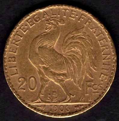 1906 20 franků Kohout Francie 3.republika, Au.900 6,45g 21mm ražba Paříž
