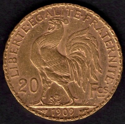 1909 20 franků Kohout Francie 3.republika, Au.900 6,45g 21mm ražba Paříž
