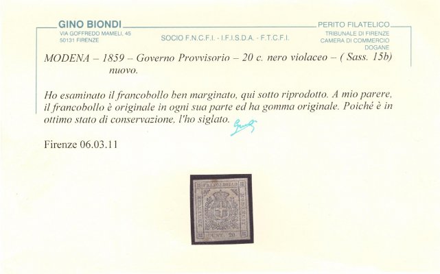 Modena - Mi. 9c, státní znak, 20 C. tmavě fialová, atest Biondi, hezký střih, číslo sassone 15b kat 5500 EUR