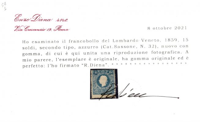 Rakousko/Lombardsko - Mi. 11 II, modrá 15 Soldi, atesty Diena, Moscadelli, číslo sassone 32, kat. 16000 EUR