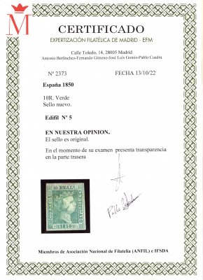 Španělsko - Mi. 5, Isabela II, 10 R zelenomodrá, attest