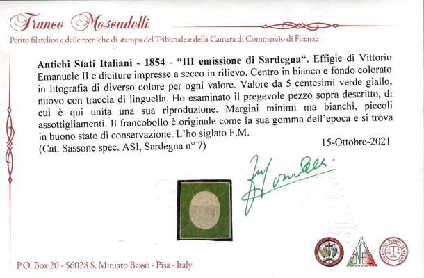 Sardinie - Mi. 7b, král Emanuel II, zelenožlutá, attesty Biondi, Moscadelli, vzácná známka, v dobré kvalitě s originálním lepem
