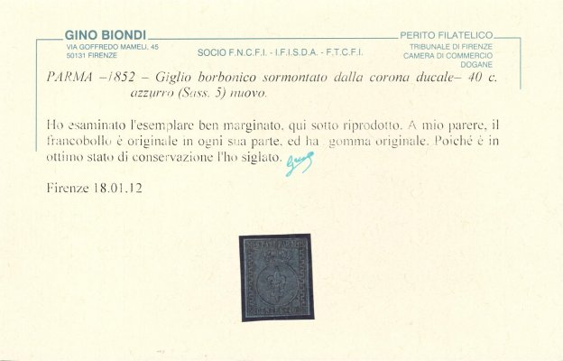 Parma - Mi 5a, znak černá 40 C na modrém paíru, attest Biondi, kat. Sass 13 000