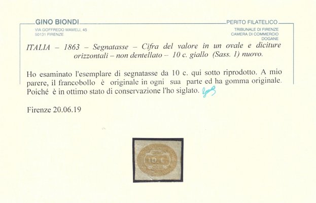 Italie - Mi. P 1a, doplatní, žlutá 10 C, attest Biondi, hledaná známka, kat sassone 2600 EUR