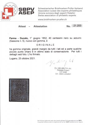 Parma - Mi 5a, znak černá 40 C na modrém paíru, attest SBPV, kat Sass. 13000, malé světlé místo