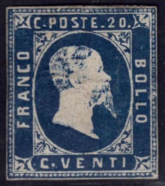 Sardinie - Mi. 2, tmavě modrá 20 C (Sass 2b), attest Biondi, číslo sassone 2b, kat. 28000 EUR