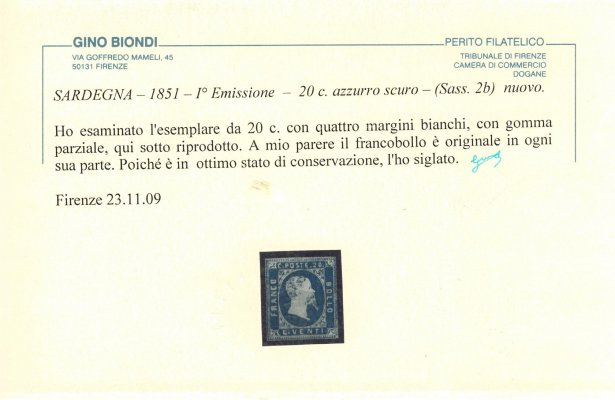 Sardinie - Mi. 2, tmavě modrá 20 C (Sass 2b), attest Biondi, číslo sassone 2b, kat. 28000 EUR