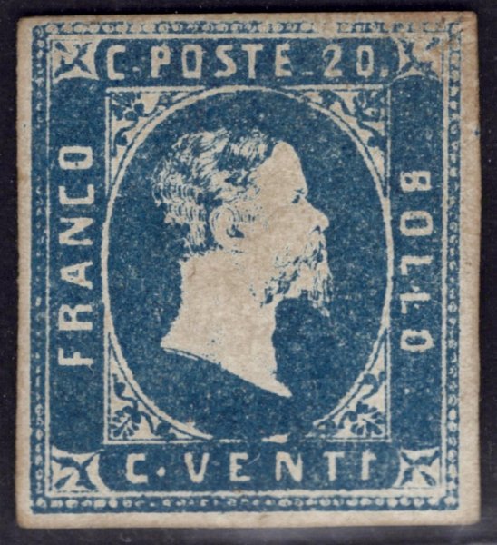 Sardinie - Mi. 2,  modrá 20 C (Sass 2), attest Biondi,  číslo sassone 2, kat. 28000 EUR