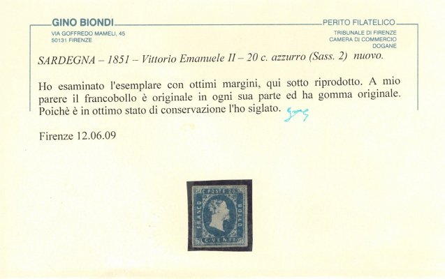 Sardinie - Mi. 2,  modrá 20 C (Sass 2), attest Biondi,  číslo sassone 2, kat. 28000 EUR