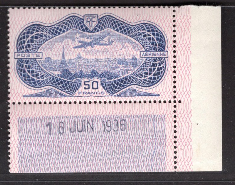 Francie - Mi. 321, letecké, "bankovka", rohový kus s datem tisku