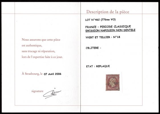 Francie - Mi. 17a, Napoleon, 1 Fr. karmínová, signována a atest , hledaná známka s hezkým plným střihem v dobré kvalitě