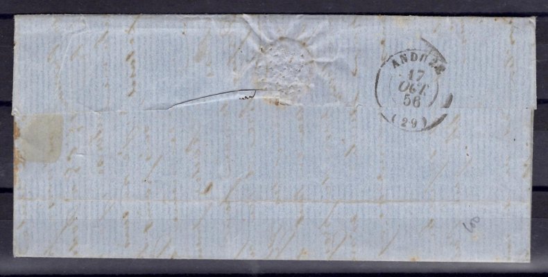 Francie -  skládaný dopis malého formátu vyplacený dvoupáskou emise Napoleon, Mi.12, z roku 1856, příchozí razítko 17/OCT.56, hezké