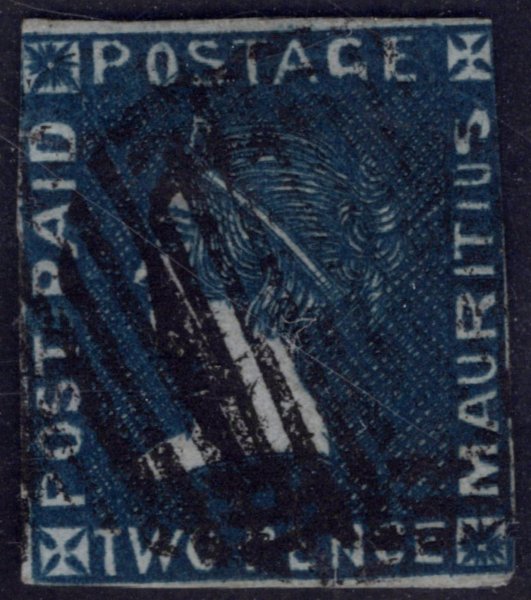 Mauritius - SG 40, modrá 2 d, královna Victoria, vydání 1859, nepatrná světlinka v pravém dolním rohu, těsný střih, dobrá kvalita, attest Sismondo, katalog 8000 Liber, hledaná známka