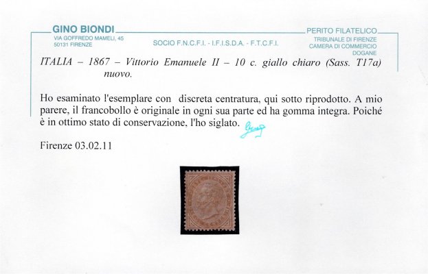 Itálie, Sassone 17a (Mi. 17), Viktor Emanuel II. 10 cent. hnědooranžová, zk. a atest Biondi, kat. Sassone 11.500 EUR, vzácná známka v dobré kvalitě
