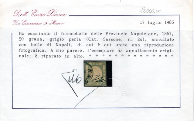 Itálie, Sassone 24 (Mi. 8), Viktor Emanuel II. 50 grana zelená, atest Diena, kat. Sassone 16.500 EUR, hledaná známka ve výborné kvalitě
