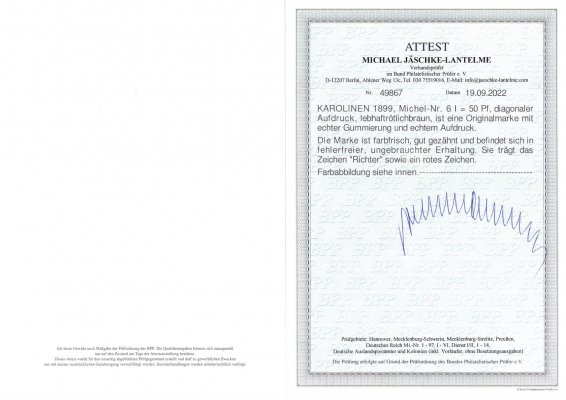 Karolinen - Mi. 6 I, orlice, diagonální přetisk (48 stupňů), zkoušeno Richter a atest Jäscke-Lantelme, vzácná a hledaná známka