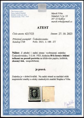 188 ZT, knihtisk TGM, 50 h černá, bílé tečky na pozadí portrétu, papír křídový, zkoušeno Stupka, Vrba a atest Vrba, vzácné a hledané