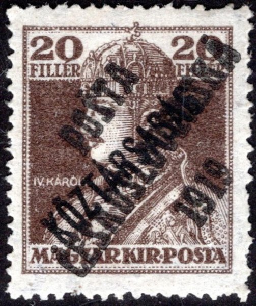 20 f N, Karel, hnědá 20 f s přetiskem Koztársaság a přetiskem  PČ 1919, druh F, typ I, nevydaná, známka s původním lepem a drobnou opravou, zkoušena Lešetický, Fischmeister, Vrba a atest Vrba